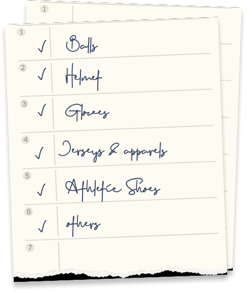 A handwritten checklist of donatable gear: football, sneakers, training gear, rackets, jersey, money