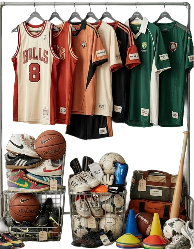 A rack of donated sports jerseys above baskets of shoes, balls, bats, and gear